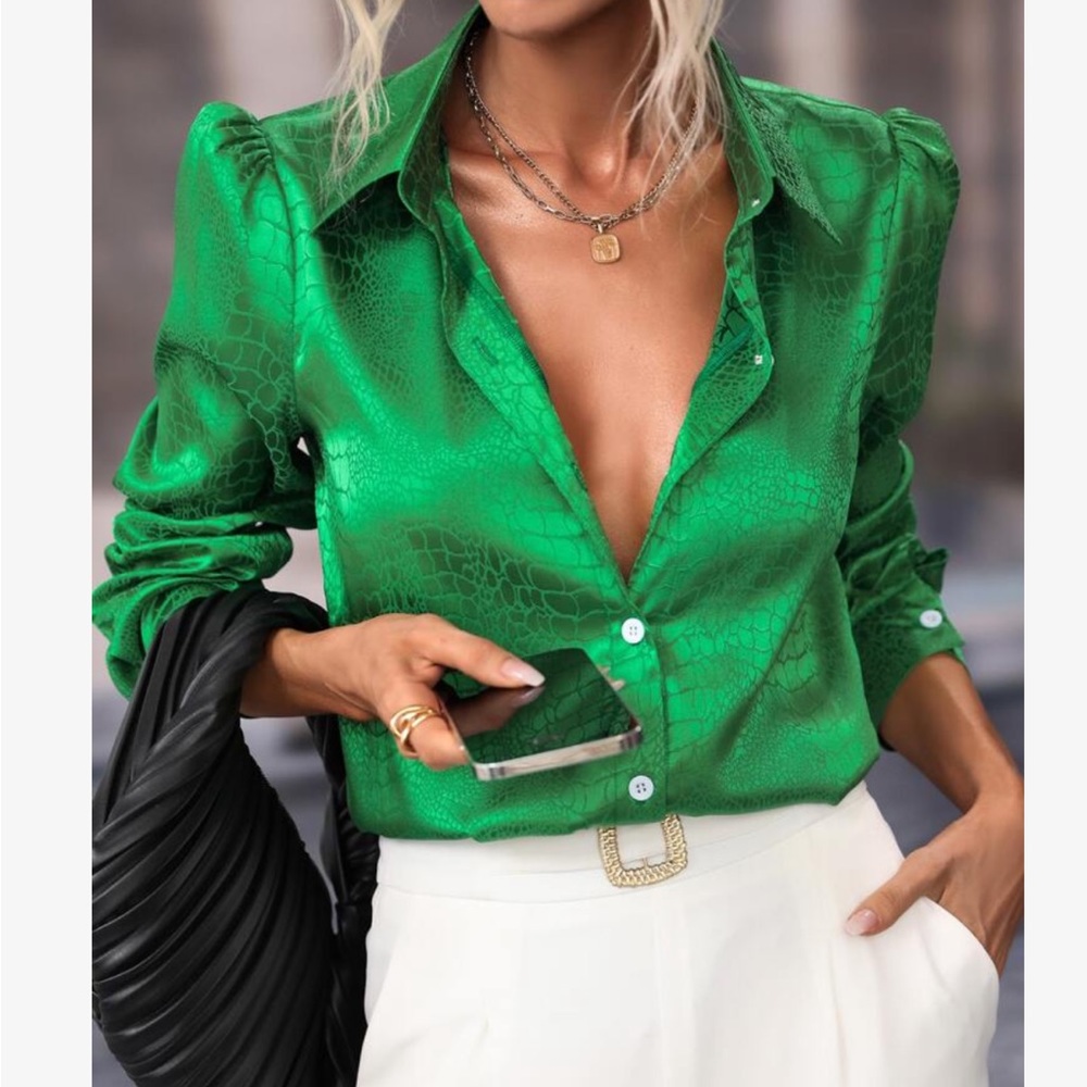 Classic Satin Jacquard Long Puff Sleeve Button Up Shirt Top Blouse Green